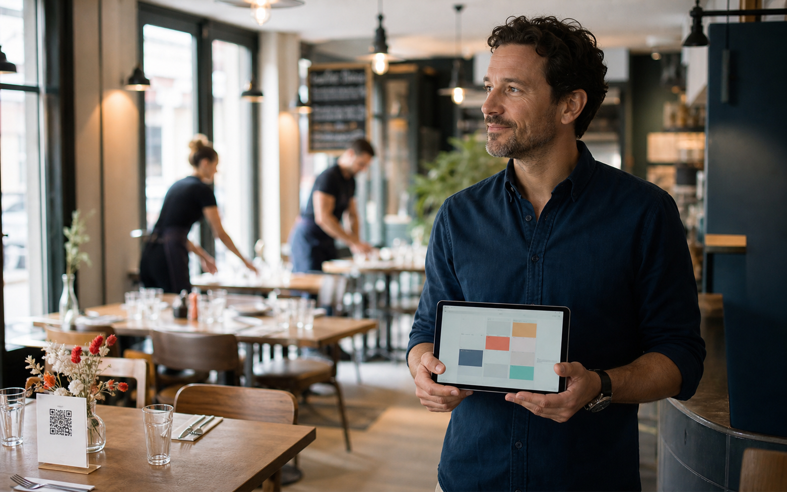 Responsable de restaurant consultant une tablette dans une salle de service.