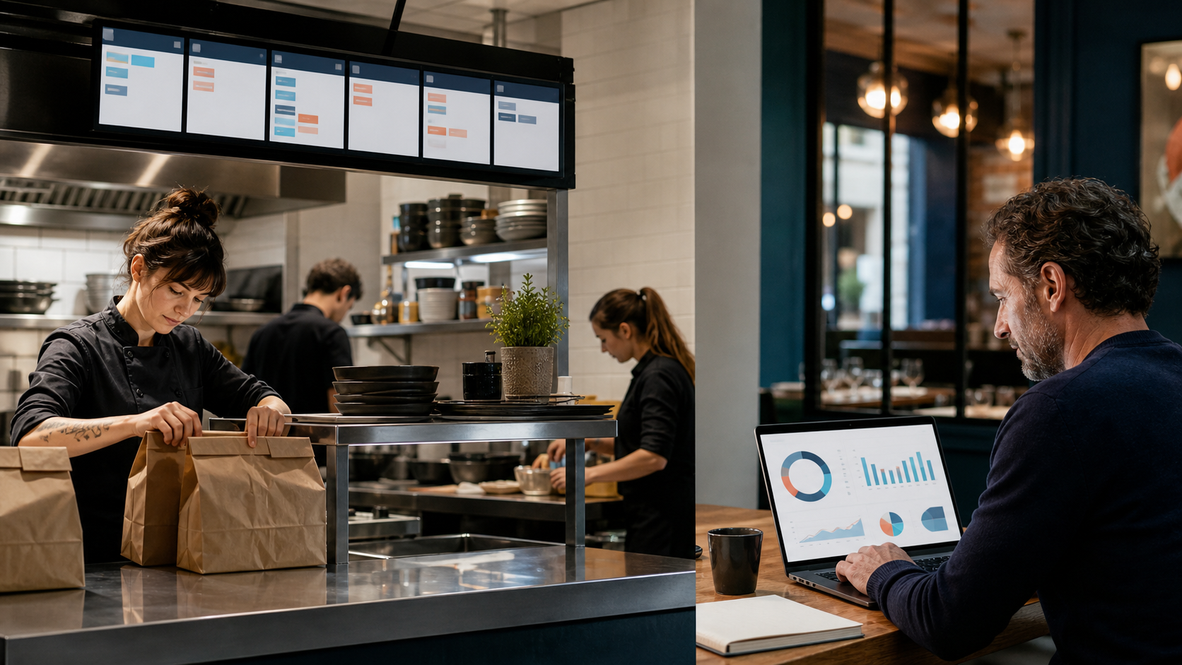 Cuisine de restaurant avec préparation de commandes et suivi de rapports.